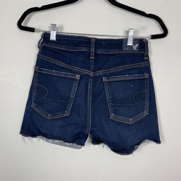 American Eagle Woman's 2 Hi-Rise Shortie Denim Shorts Dark Wash Summer Cut‎ Offs - Picture 6 of 9